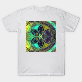 Mosaic Kaleidoscope Flower Blue Yellow and Green T-Shirt